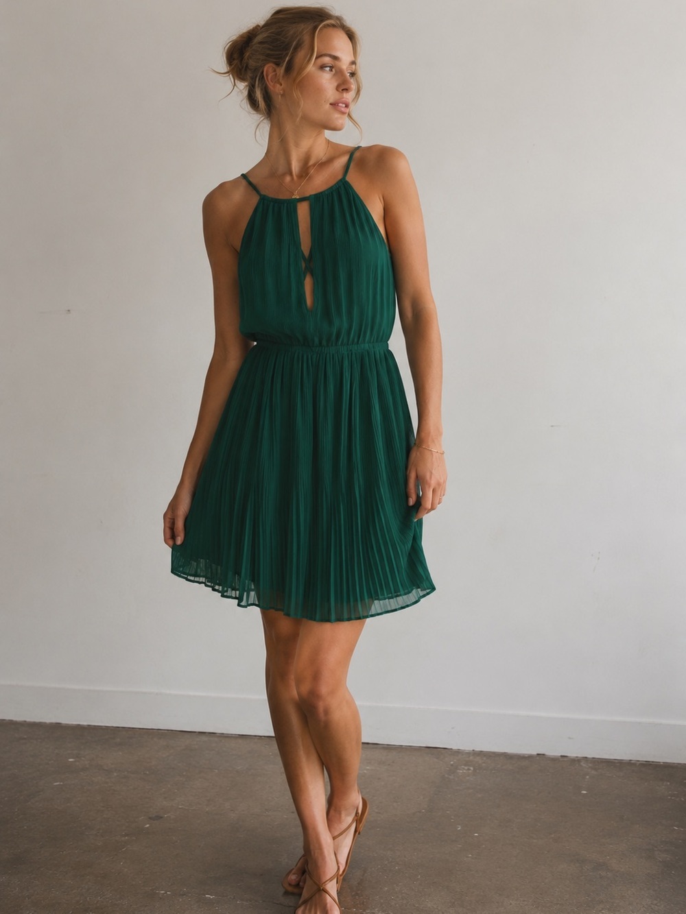 H&M Emerald Green Chiffon Pleated Halter Mini Dress